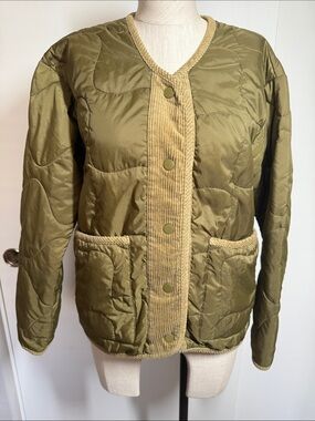 Bernie by Bernando Quilted Corduroy Trim Recycled Jacket in Olive Green XS